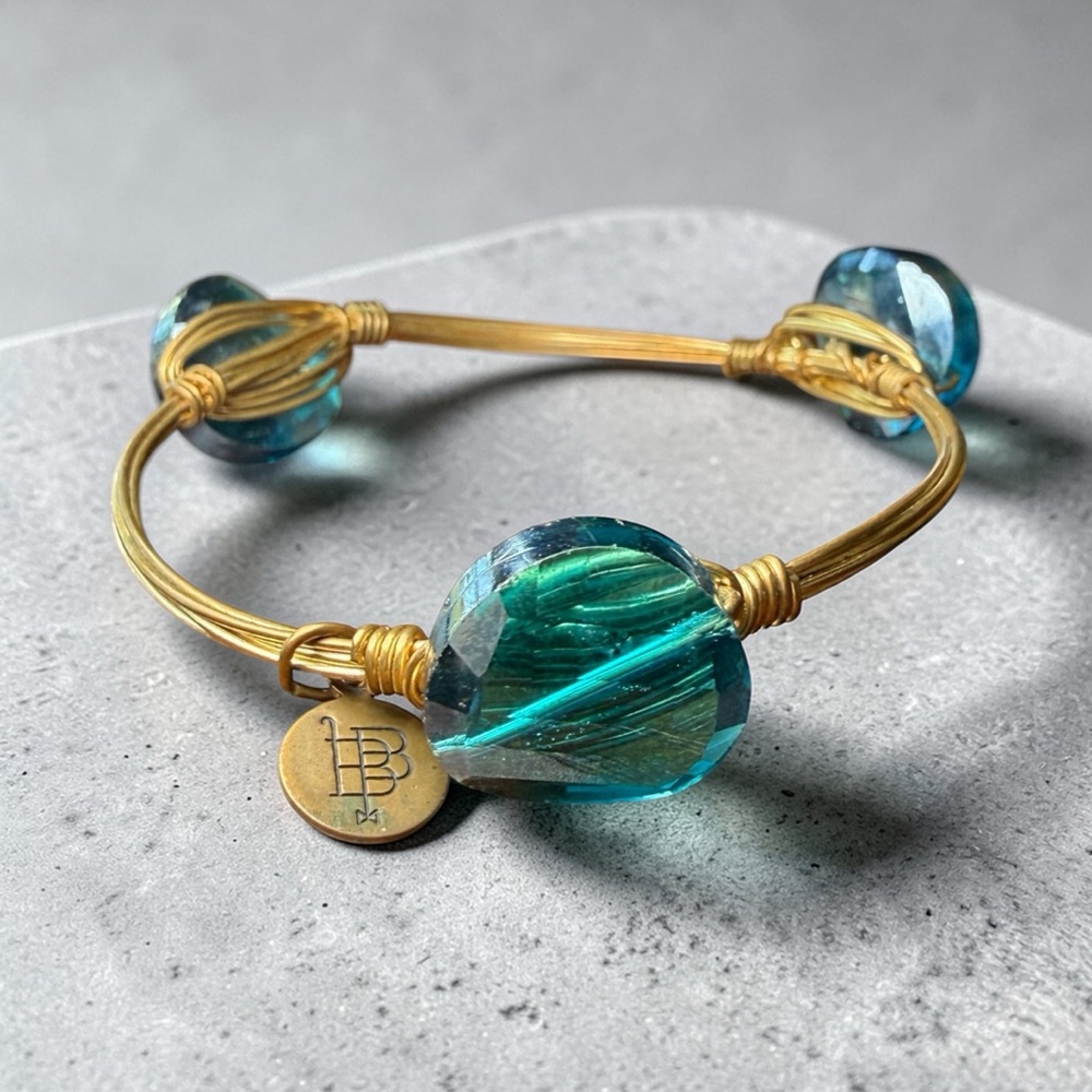 Bourbon and Boweties Iridescent Blue Gemstone Bangle Gold Wire Wrap Bracelet